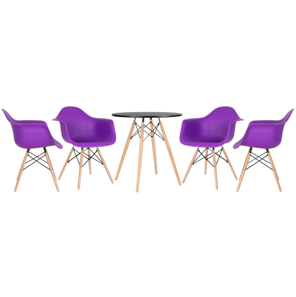 Mesa preto com cadeiras roxo