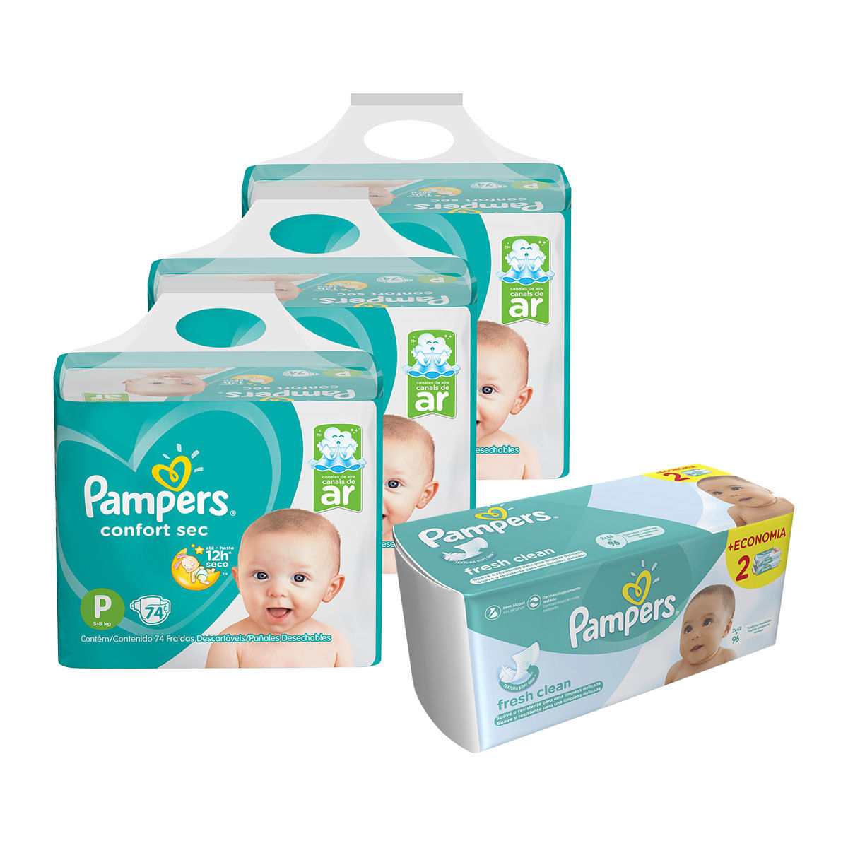 B1-3-5244218-1-9849009_Kit-Pampers---Fralda-P-Confort-Sec-Super-222-UN---Lenco-Umedecido-Fresh-Clean-96-UN_1_Zoom