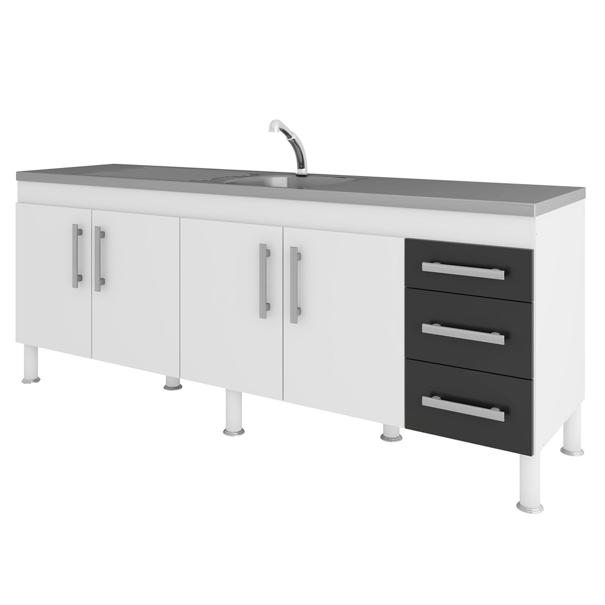 Balcão Para Cozinha Mgm Flex 2.0 4 Portas 3 Gavetas Branco/Preto