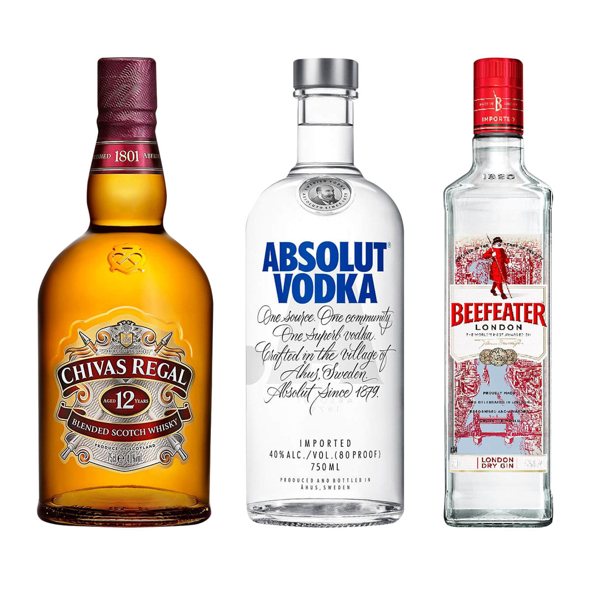 Combo Vodka Absolut Original 750Ml + Gin Beefeater Dry 750Ml + Whisky Chivas Regal 750Ml