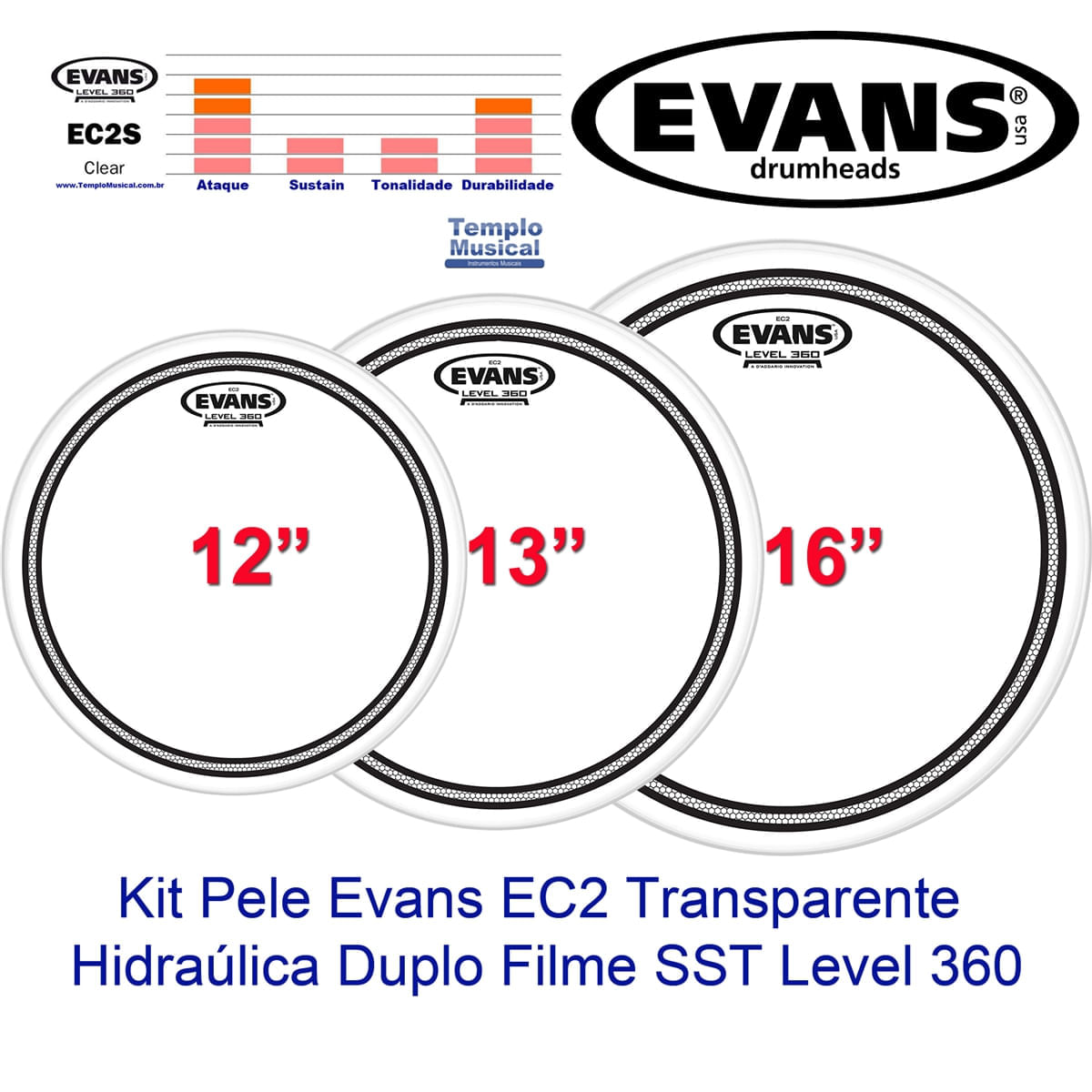 Kit Pele Para Tons Surdo 12'' 13'' 16'' Evans Clear Sst Ec2s Hidráulica Transparente Standard Etp-Ec2sclr-S