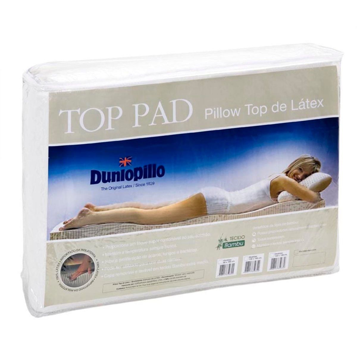 Pillow Top De Látex Casal Queen Size Capa Bambu 198X158x3 Cm Top Pad Dunlopillo