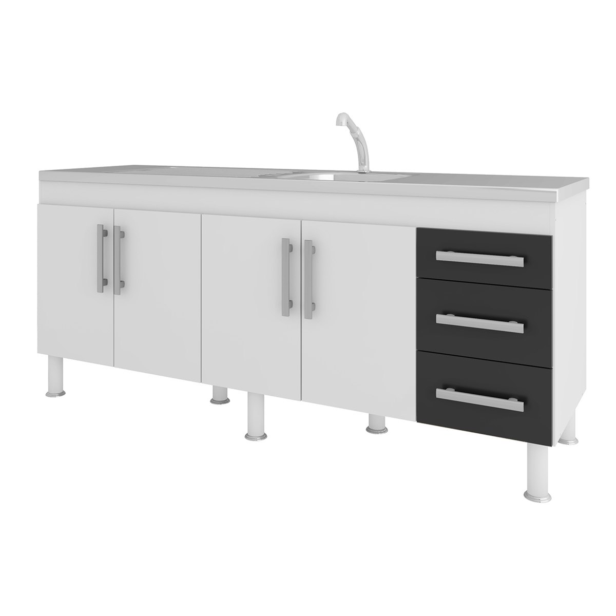 Balcão Para Cozinha Mgm Flex 1.8 4 Portas 3 Gavetas Branco E Preto