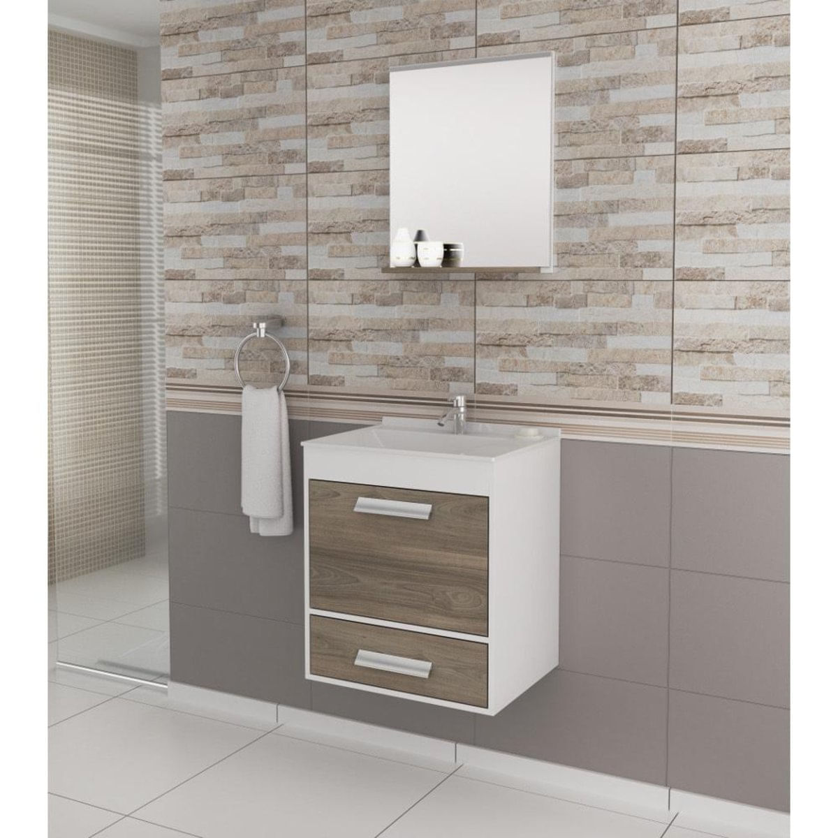 Gabinete Para Banheiro Suspenso Com Espelheira E Cuba Balcony Up 45Cm Branco/Merlot