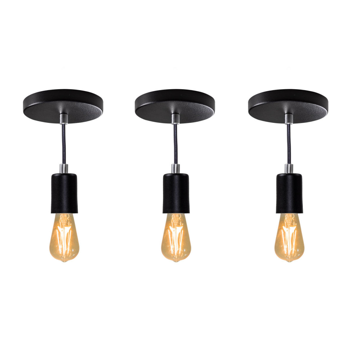 Kit 3X Pendente Tubo Cilindro Alumínio Preto + Filamento Carbono St64 220V St458