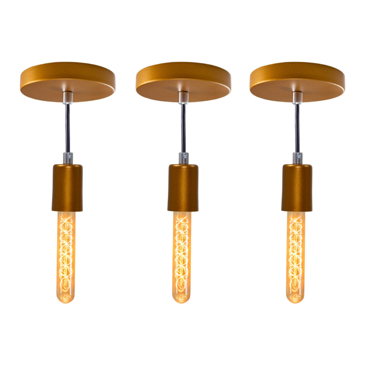 Kit 3X Pendente Tubo Cilindro Alumínio 10Cm Cobre + Filamento Carbono T30 220V St458