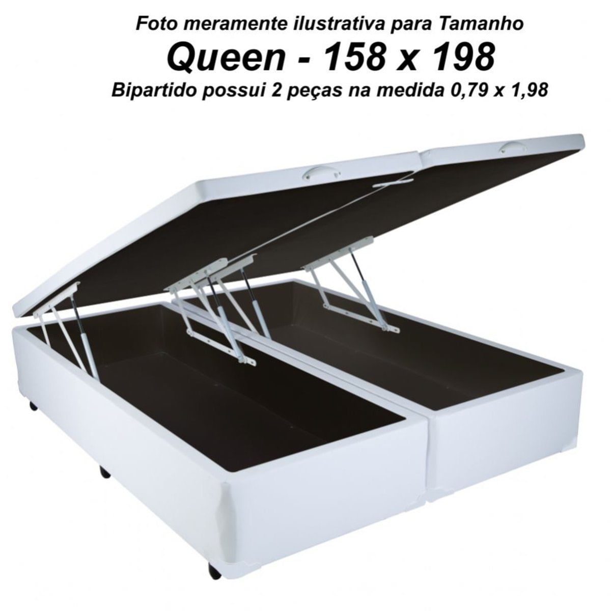 Cama Box Baú Queen Size Em Corino Branco Com Pistão - Sonnoforte - 158X198