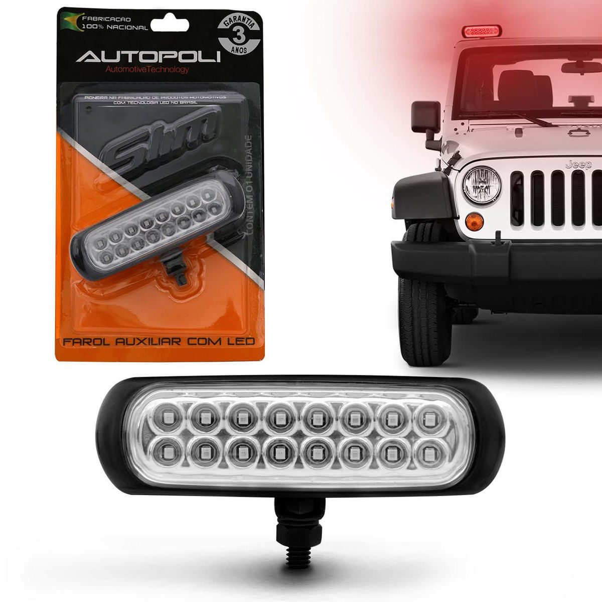 Farol De Milha Auxiliar Retangular Slim Universal 16 Leds 12V 24V 3,2W Vermelho Autopoli