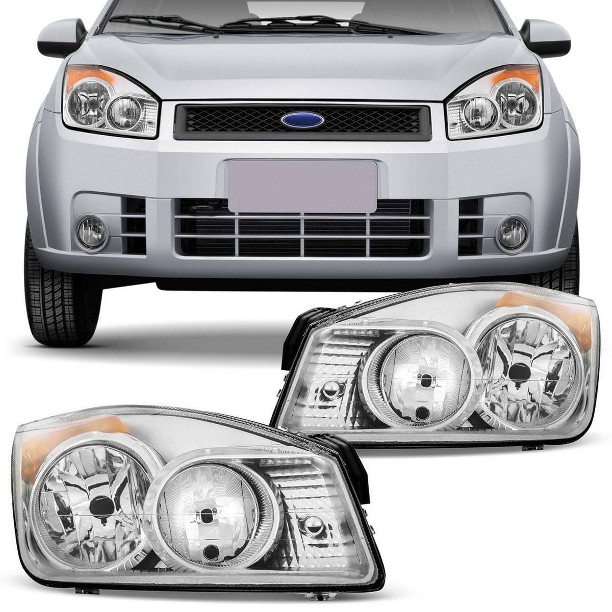Par Farol Fiesta Hatch Sedan 2008 2009 2010 Máscara Cromada Foco Duplo Pisca Integrado