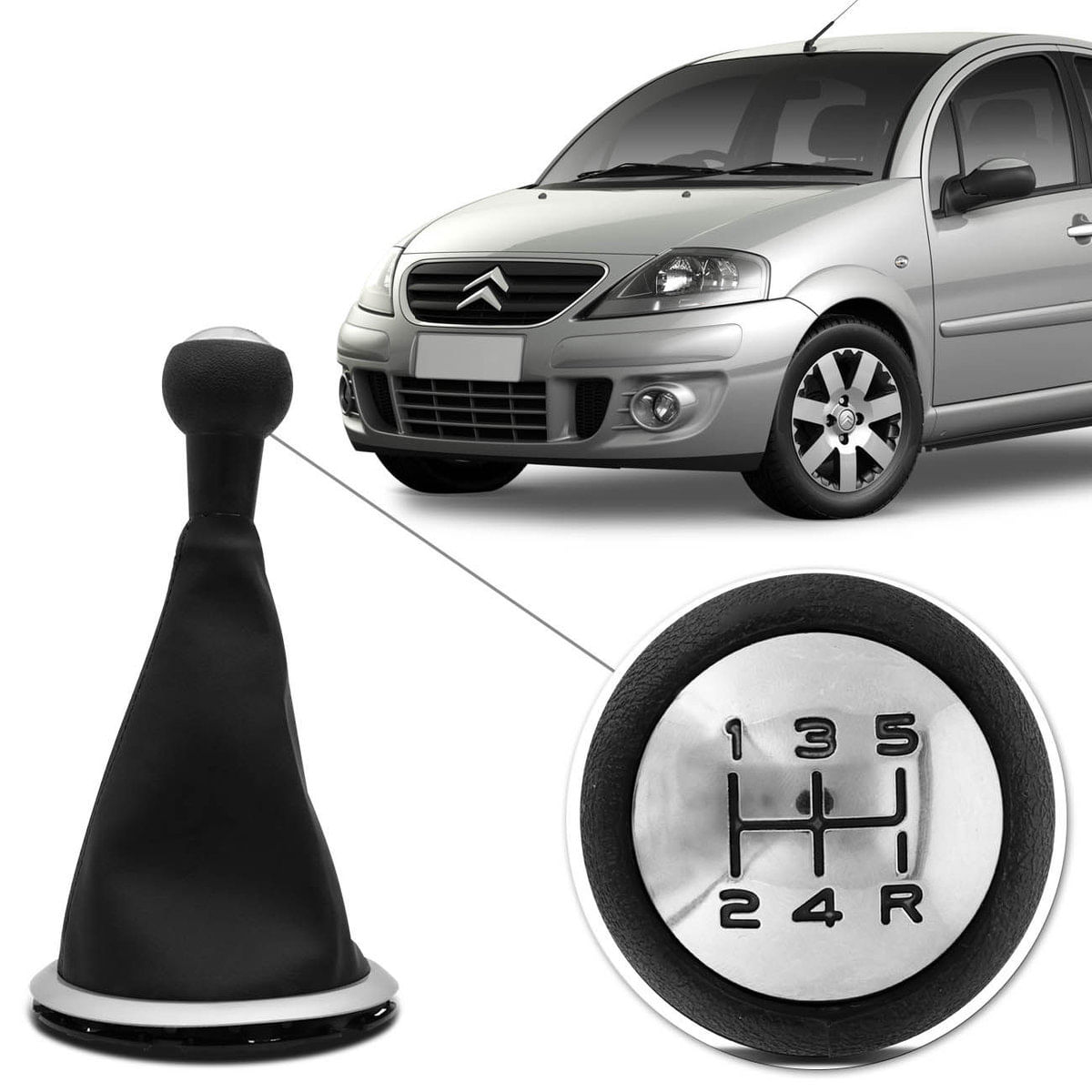 Kit Coifa De Cambio Manopla Citroen C3 2002 A 2012 Courvin Preto Base Cinza Bola Preta Lente Cromada