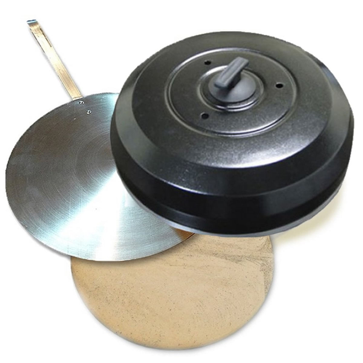 Kit Pizza Para Churrasqueira Com Pá De Pizza Alumínio, Pedra Refratária 35Cm E Abafador Preto
