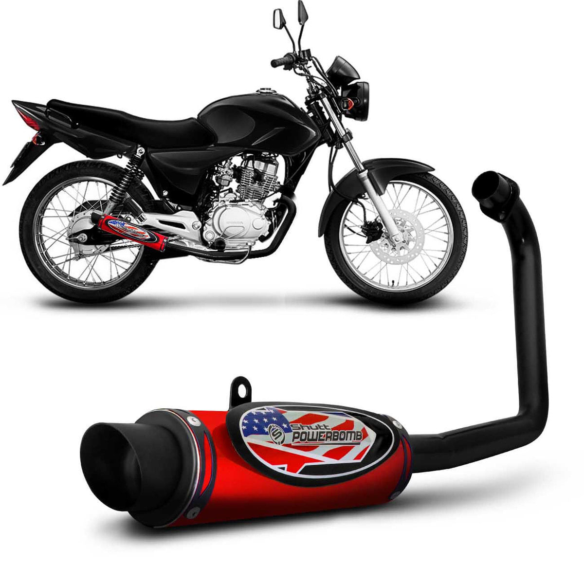 Escapamento Moto Esportivo Cg Fan 150 Esdi 2009 A 2013 Shutt Powerbomb Com Protetor Vermelho E Preto