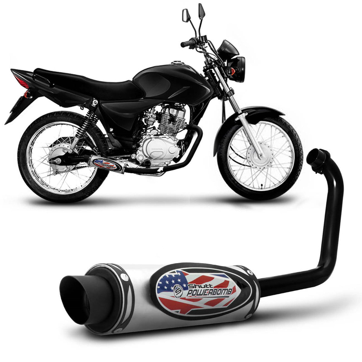 Escapamento Moto Esportivo Cg Fan 150 Esi 2009 A 2012 Shutt Powerbomb Com Protetor Prata Polido