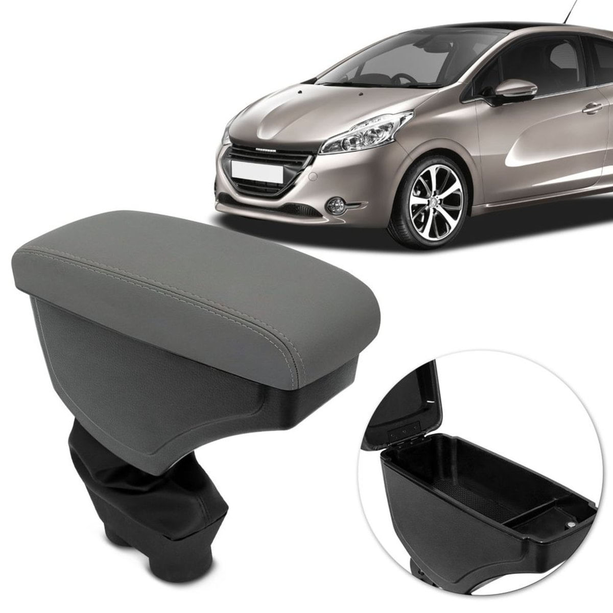 Encosto Descanso De Braço Apoio Peugeot 208 13 A 19 2008 16 A 19 Cinza Couro Ecológico Porta Copos