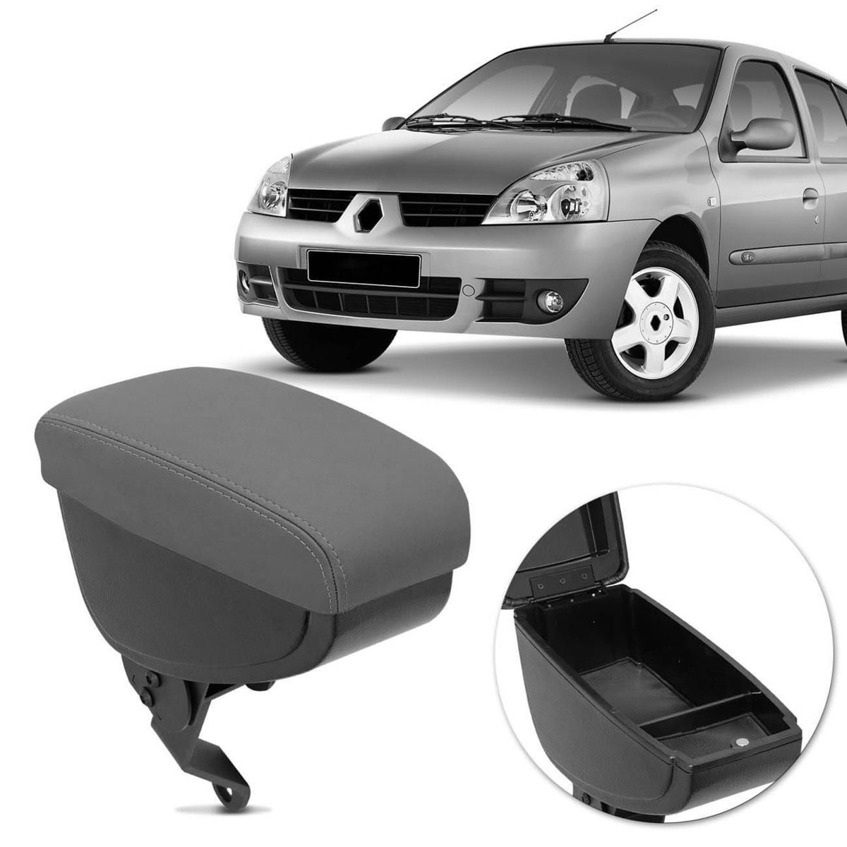 Encosto Descanso De Braço Apoio Clio Hatch 04 A 16 Sedan 04 A 09 Cinza Couro Ecológico Encaixe Cinto