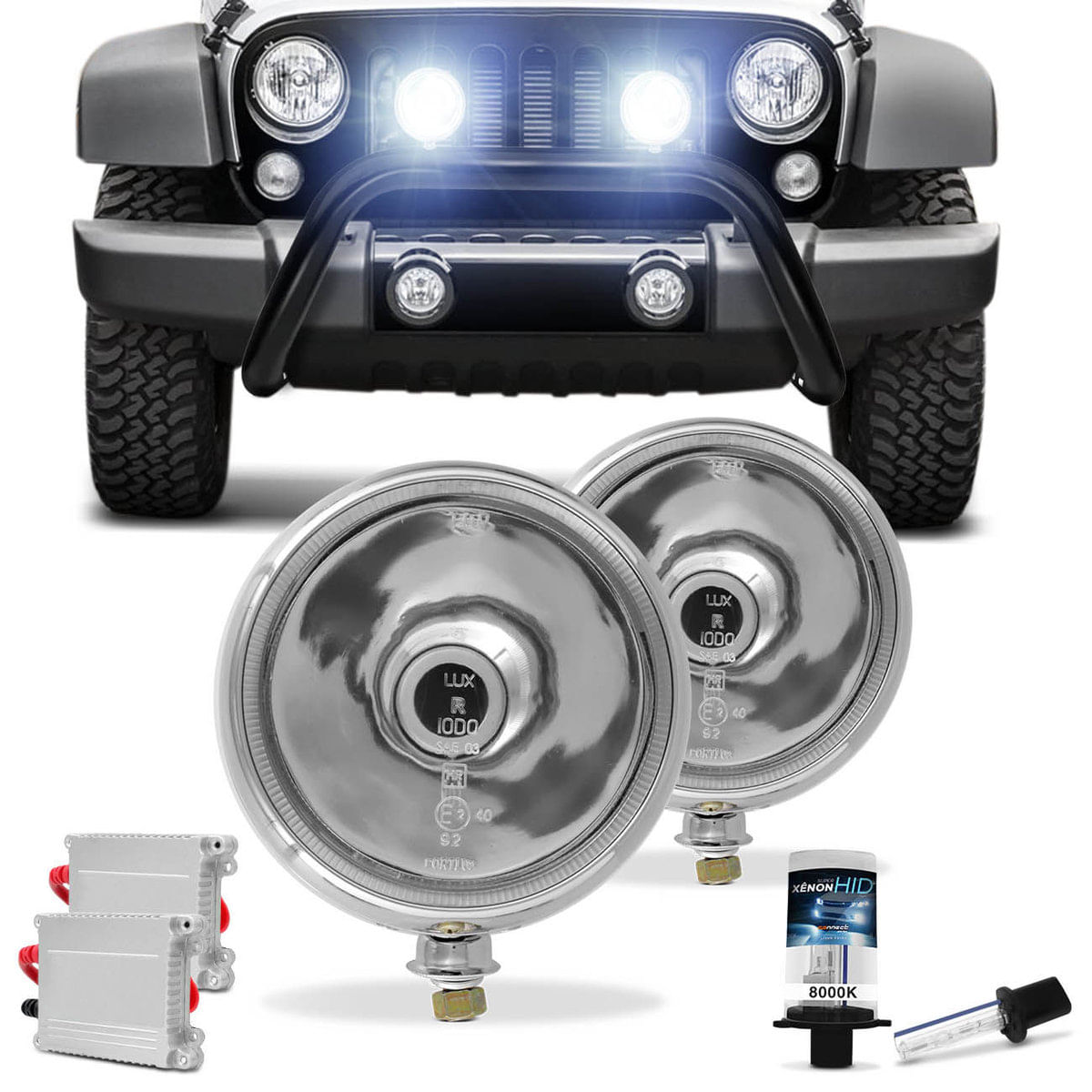 Par Farol Milha Redondo Cromado Super Oscar Foco Longo Jeep Off Road + Xênon 8000K