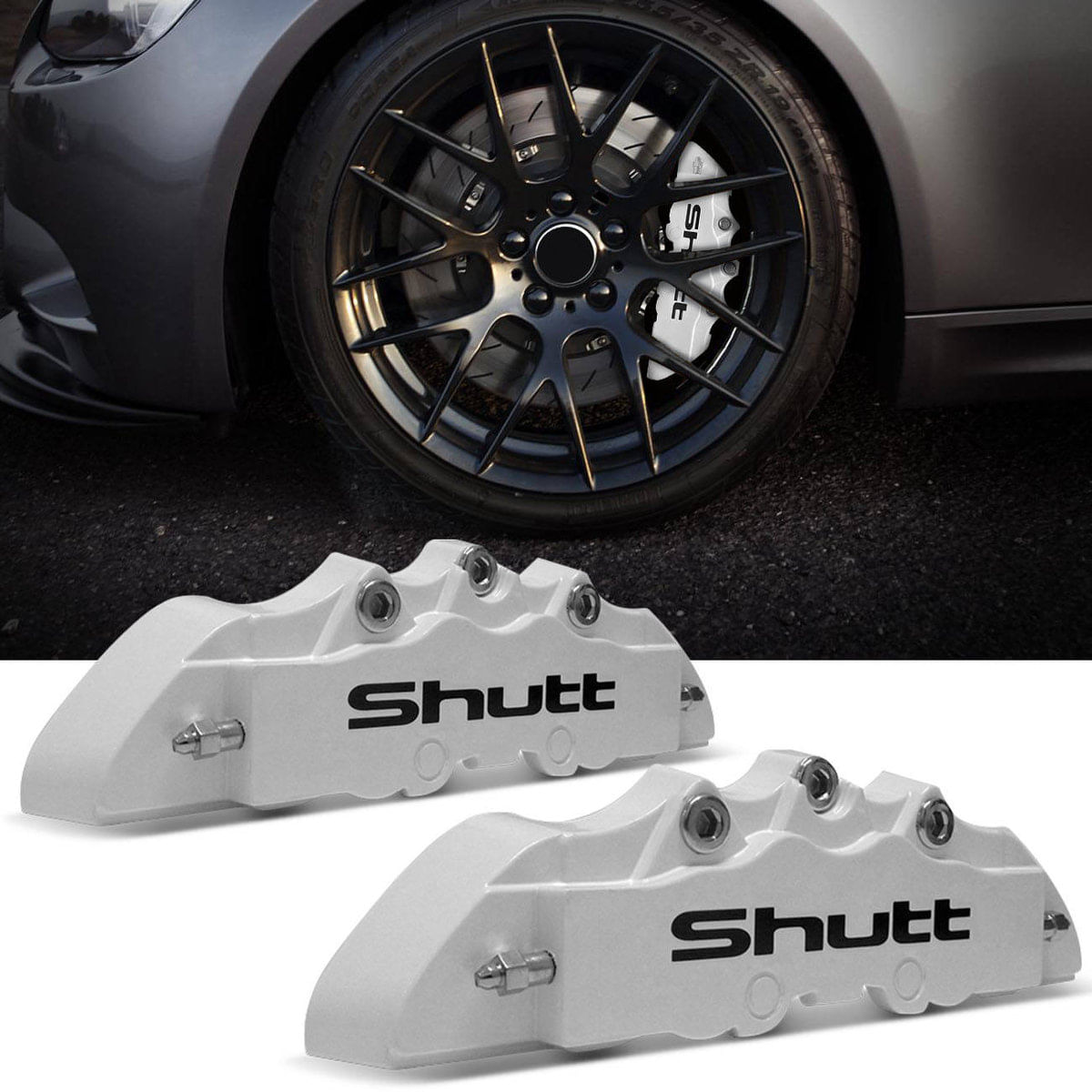 Capa Pinça De Freio Tuning Shutt Universal Branca Detalhe Preto 2 Peças Aro 14 15 16 17 18