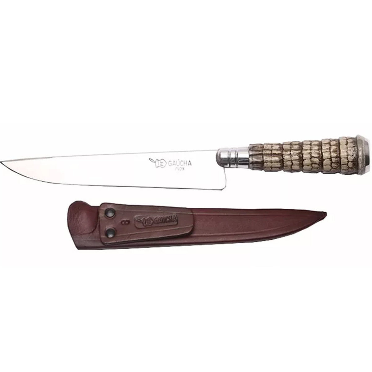 Faca Churrasco 6'' Aço Inox Cabo Rabo De Tatu E Bainha Couro