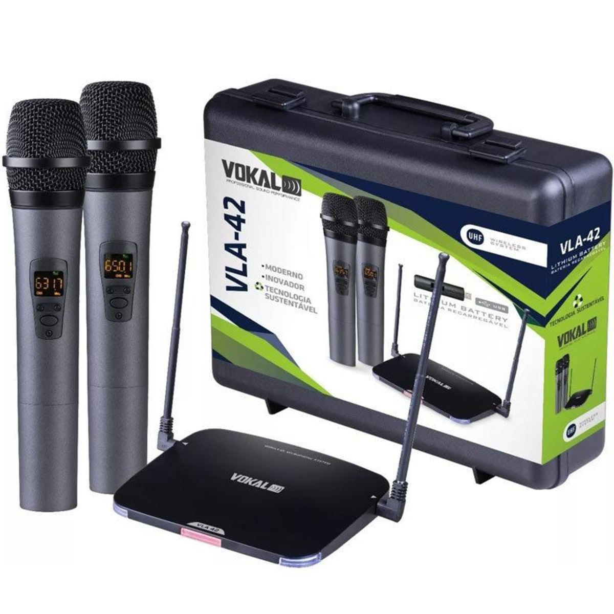 Microfone Duplo Sem Fio Vokal Vla42 Recarregavel Uhf