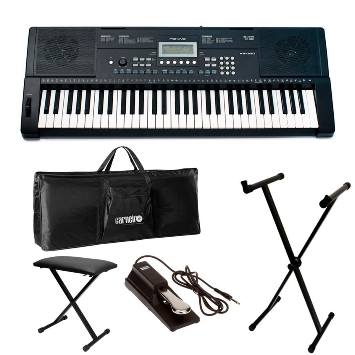 Teclado Arranjador Revas Kb-330 + Banco + Capa + Estante + Pedal Sustain