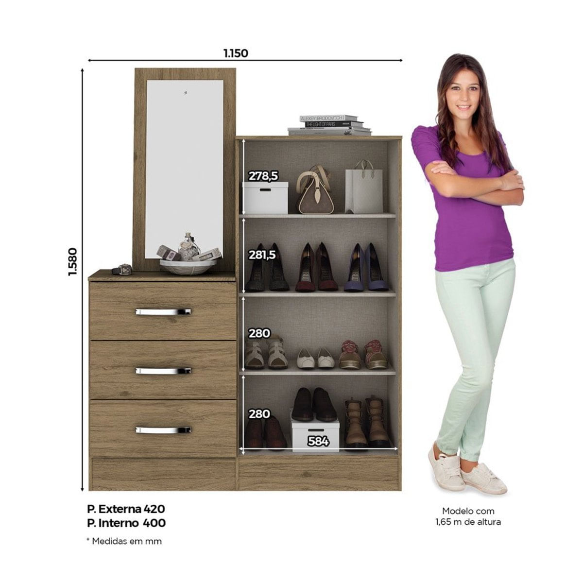 Cômoda 2 Portas 3 Gavetas Com Espelho Henn Rustico