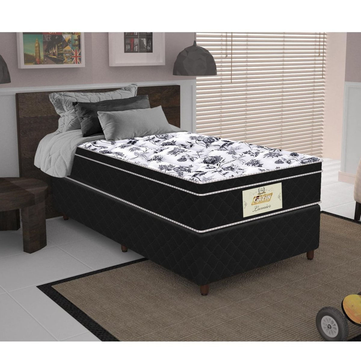 Conjunto Box Colchão + Base Lumier Gazin 88X188x59 Preto Com Branco