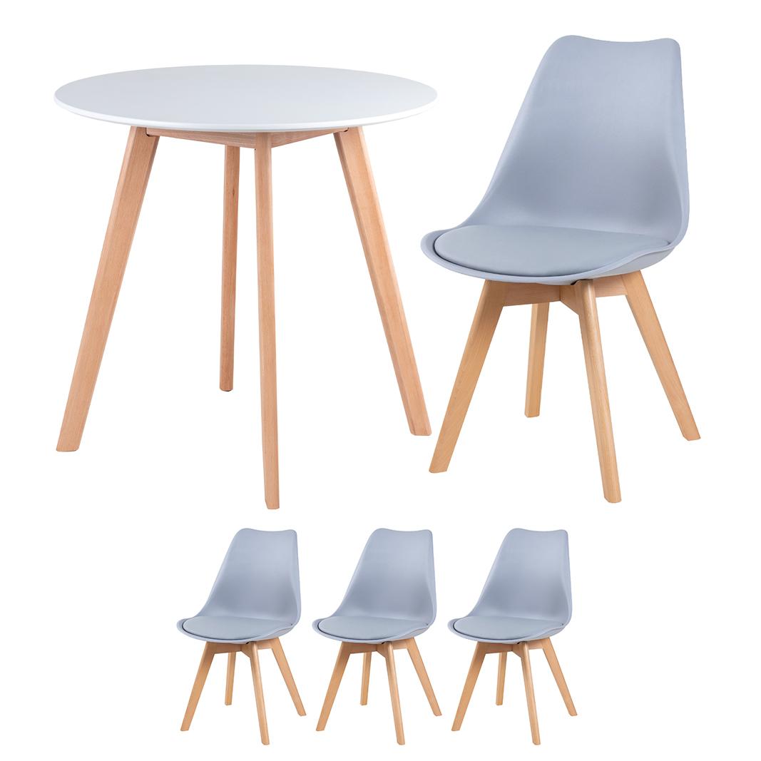 Mesa branco com cadeiras cinza claro