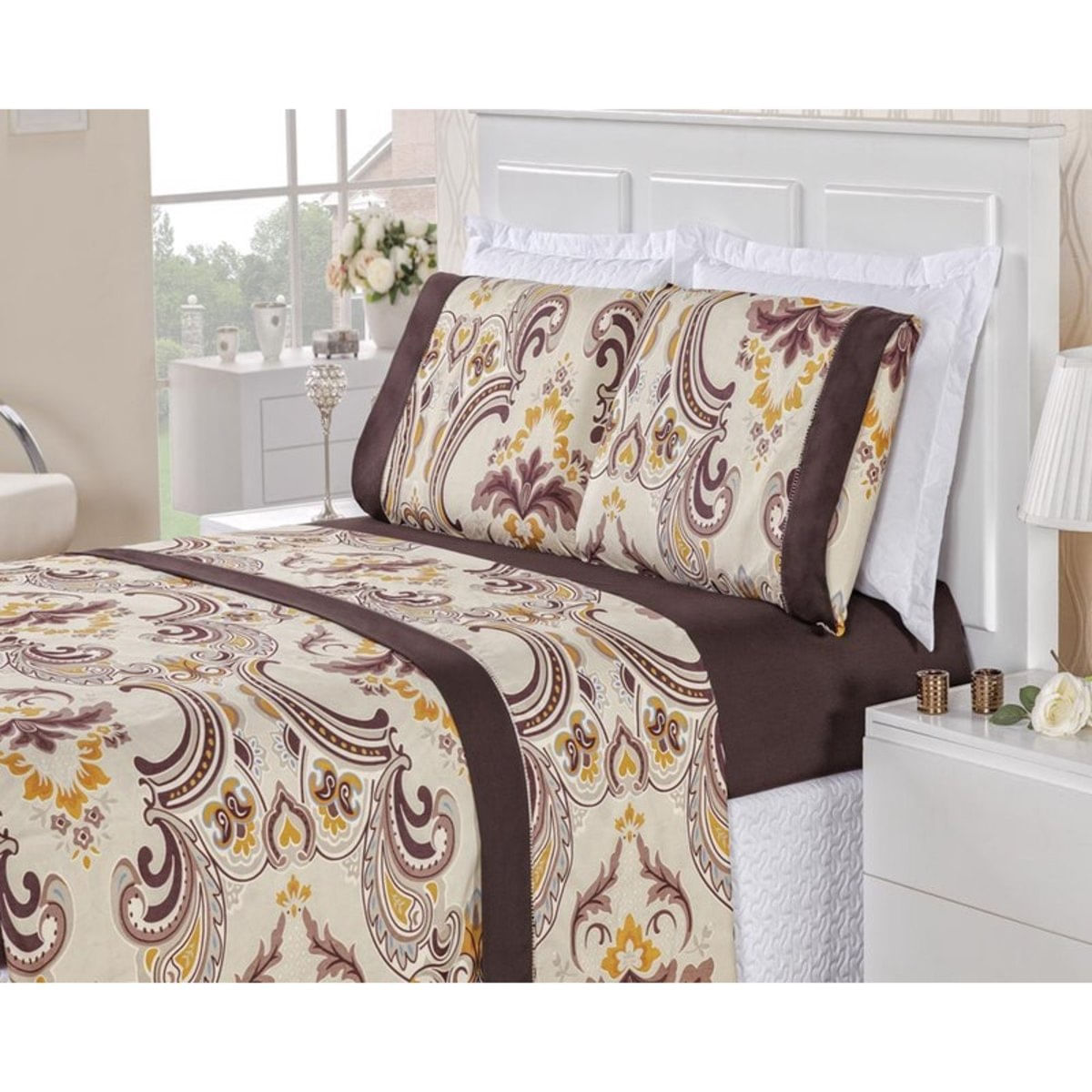 Jogo De Cama Naturale Micropercal 200 Fios Casal Floral Tabaco 04 Peças