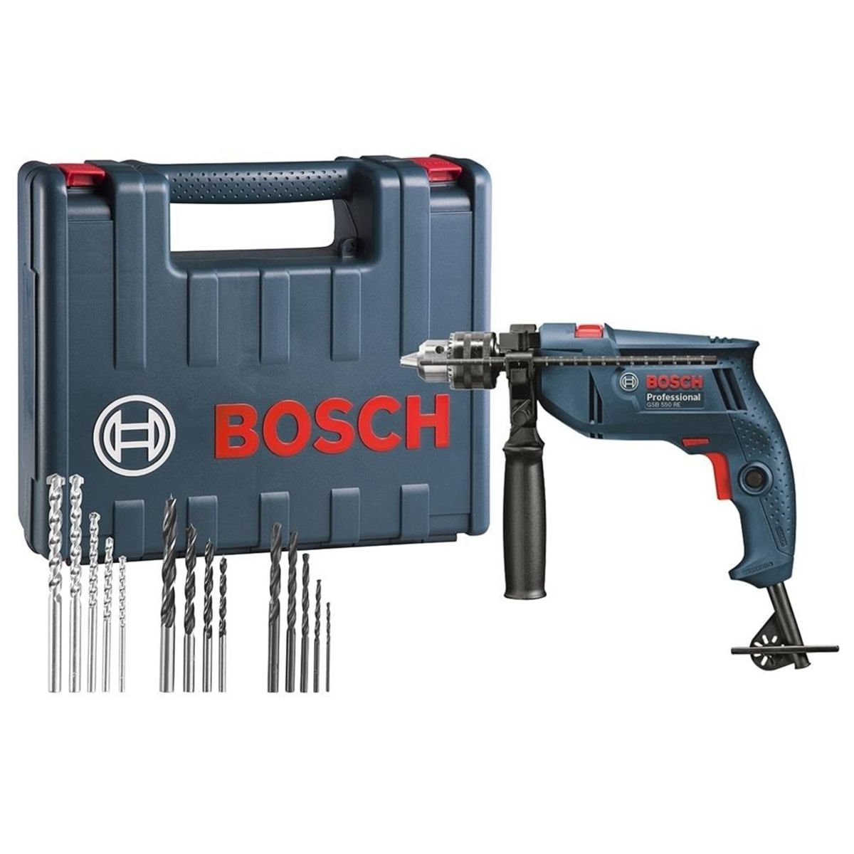 Furadeira De Impacto Bosch 1/2 550W Velocidade Variável Reversível Com Maleta + 14 Brocas Gsb550 - 220V