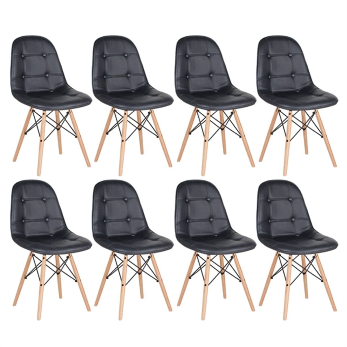 Kit - 8 X Cadeiras Eames Botonê - Madeira Clara - Preto
