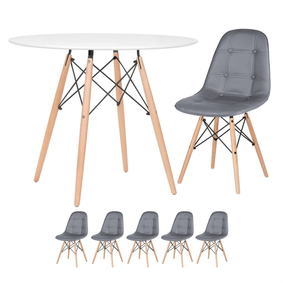 Kit - Mesa Eames 90 Cm Branco + 5 Cadeiras Estofadas Eames Eiffel Botonê - Cinza Escuro
