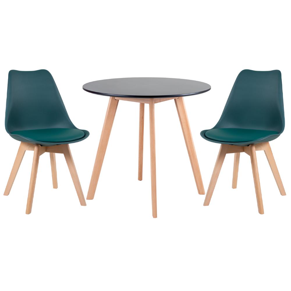 Mesa preto com cadeiras verde escuro