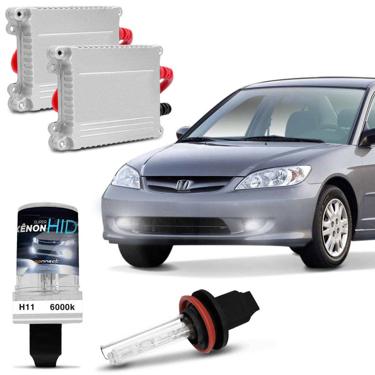 Kit Xênon Completo H11 6000K Farol Milha Civic 05 A 08 Tonalidade Branca Reator Função Anti Flicker