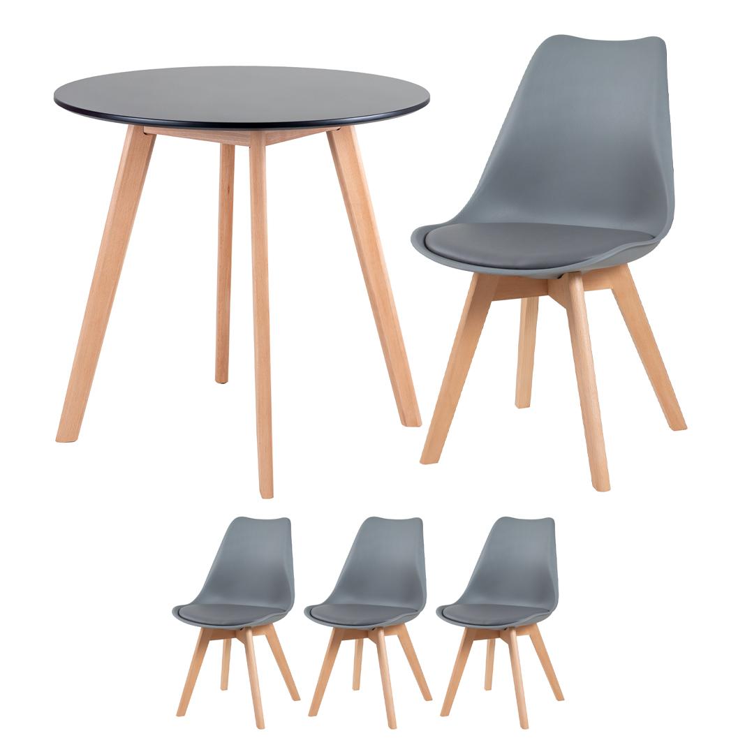 Mesa preto com cadeiras cinza escuro