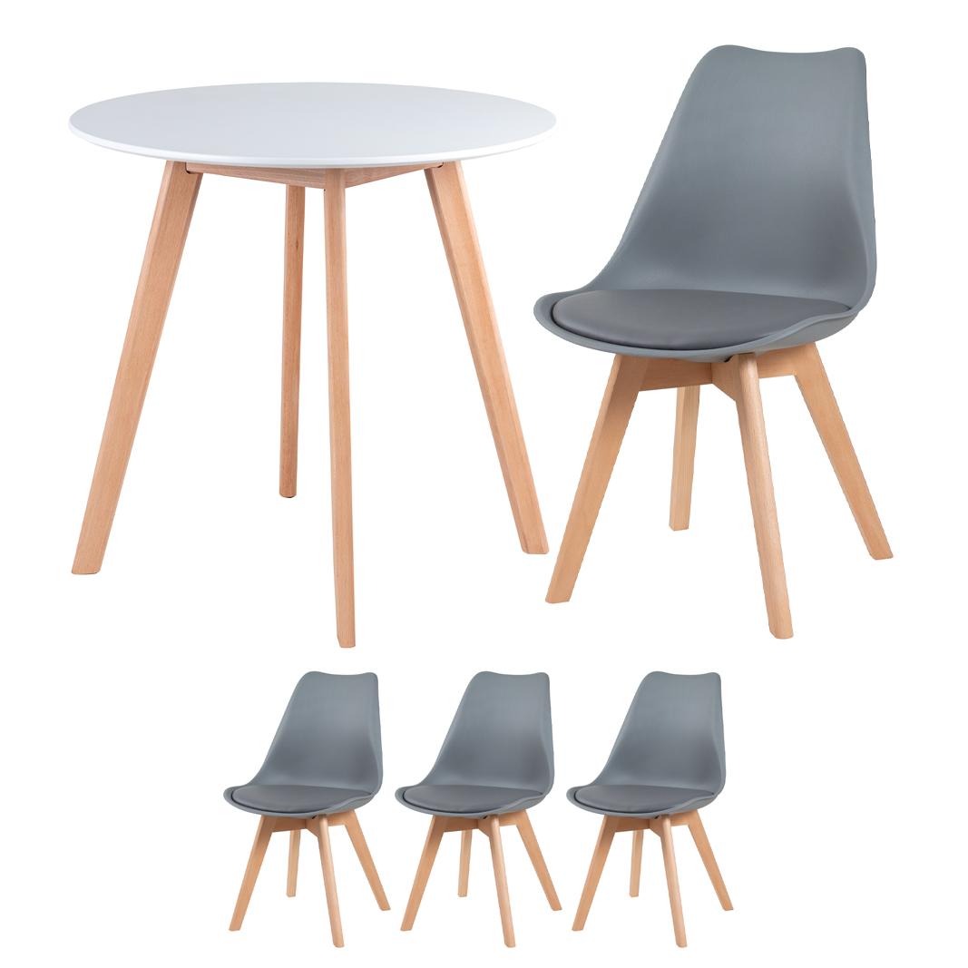 Mesa branco com cadeiras cinza escuro