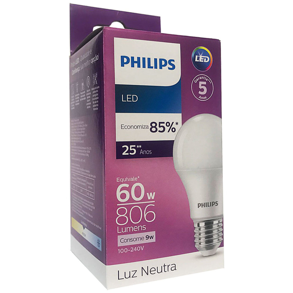 6 Lâmpadas Led Philips Bulbo 9W Branco Neutro Bivolt 806Lm Equivale 60W