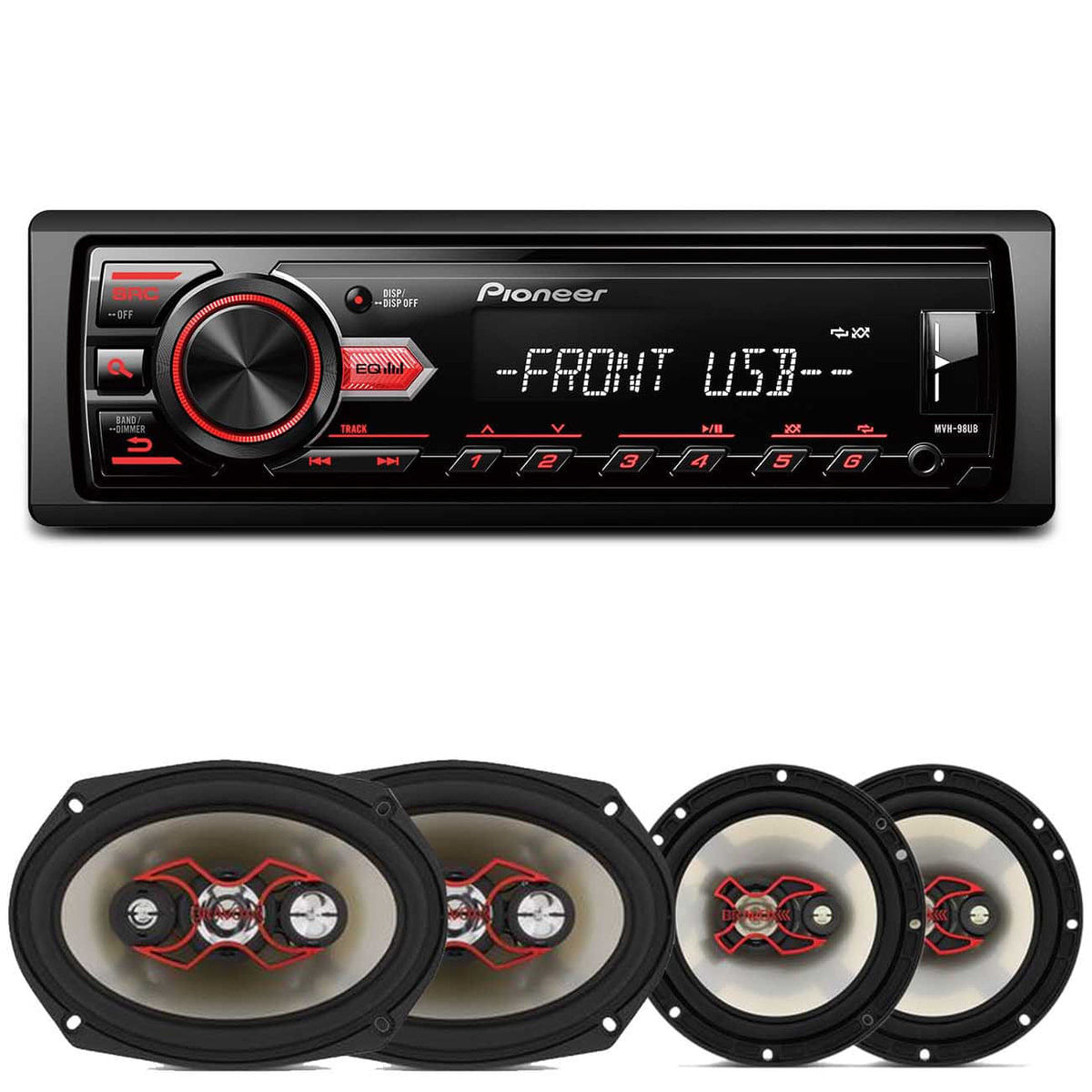 Mp3 Player Pioneer Mvh-98Ub 1 Din + Kit Fácil Bravox Linha X 6' E 6X9' 240W Rms