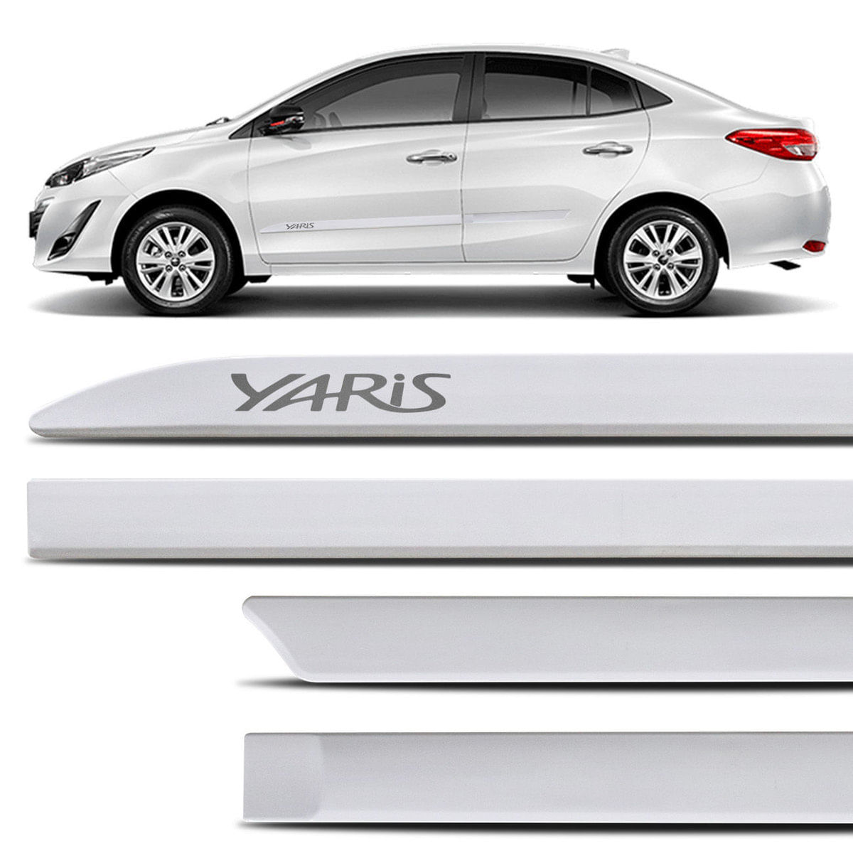 Jogo De Friso Lateral Facão Yaris Hatch Sedan 2018 2019 Branco Perolizado Com Grafia Tipo Borrachão