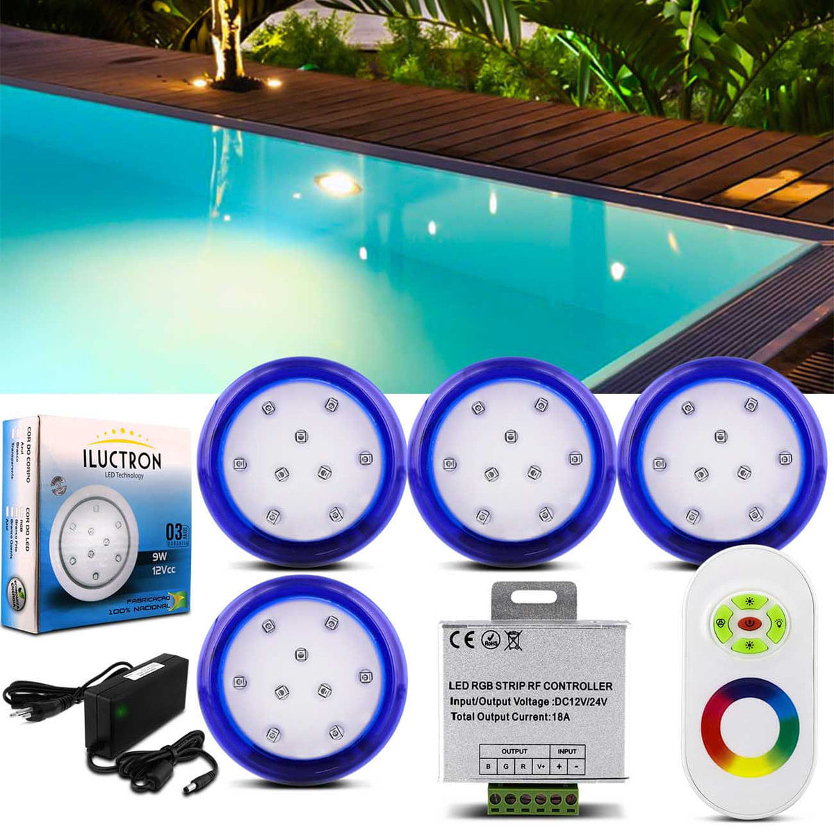 Kit 4 Luminárias Led Piscina Rgb 80Mm 36W 3960 Lúmens 12V + Controle Wireless Efeitos Luz Fonte 60W