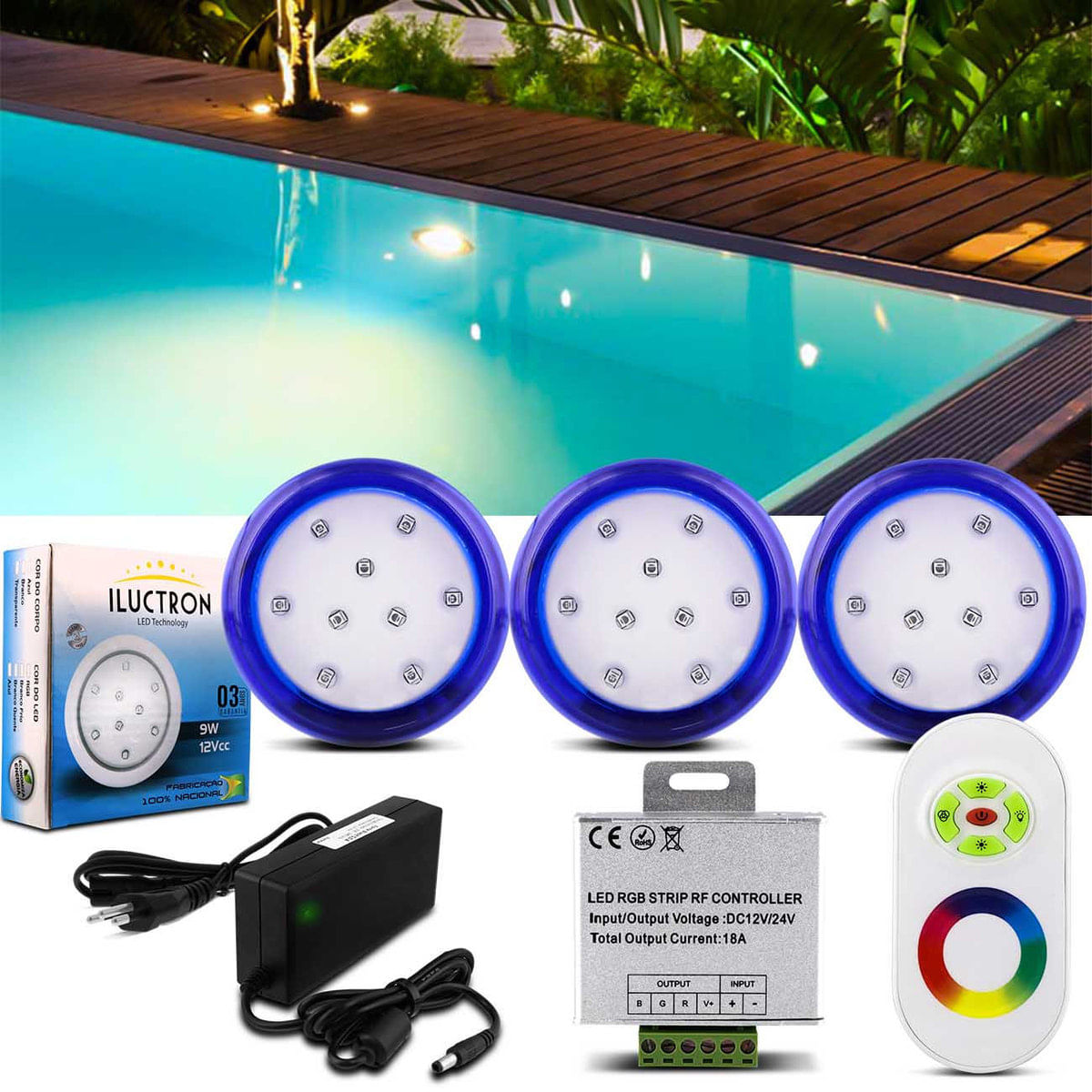 Kit 3 Luminárias Led Piscina Rgb 80Mm 27W 2970 Lúmens 12V + Controle Wireless Efeitos Luz Fonte 60W