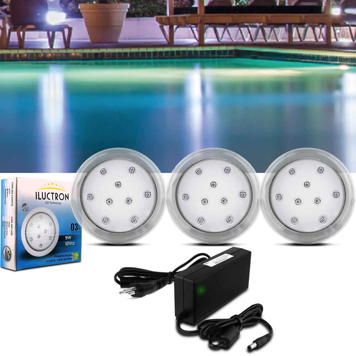 Kit 3 Luminárias Led Piscina Iluctron Azul 80Mm 9W 990 Lúmens 12V + Fonte Led Bivolt 60W 5A