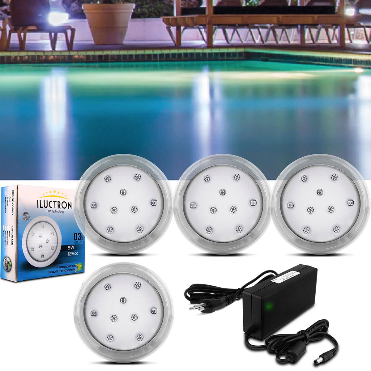 Kit 4 Luminárias Led Piscina Iluctron Azul 80Mm 36W 3960 Lúmens 12V + Fonte Led Bivolt 60W 5A