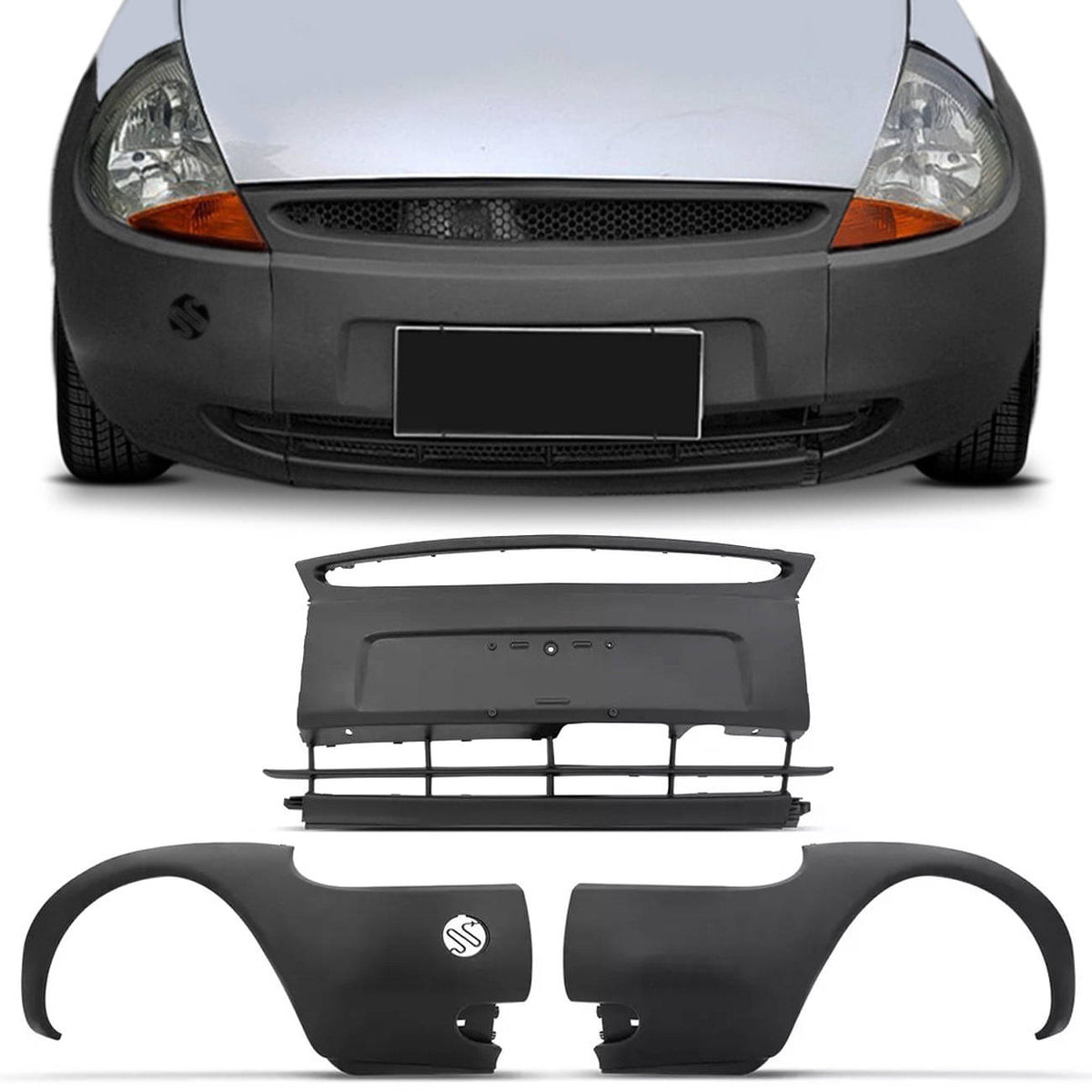 Para-Choque Dianteiro Ford Ka 1997 1998 1999 2000 2001 2002 Preto 3 Peças