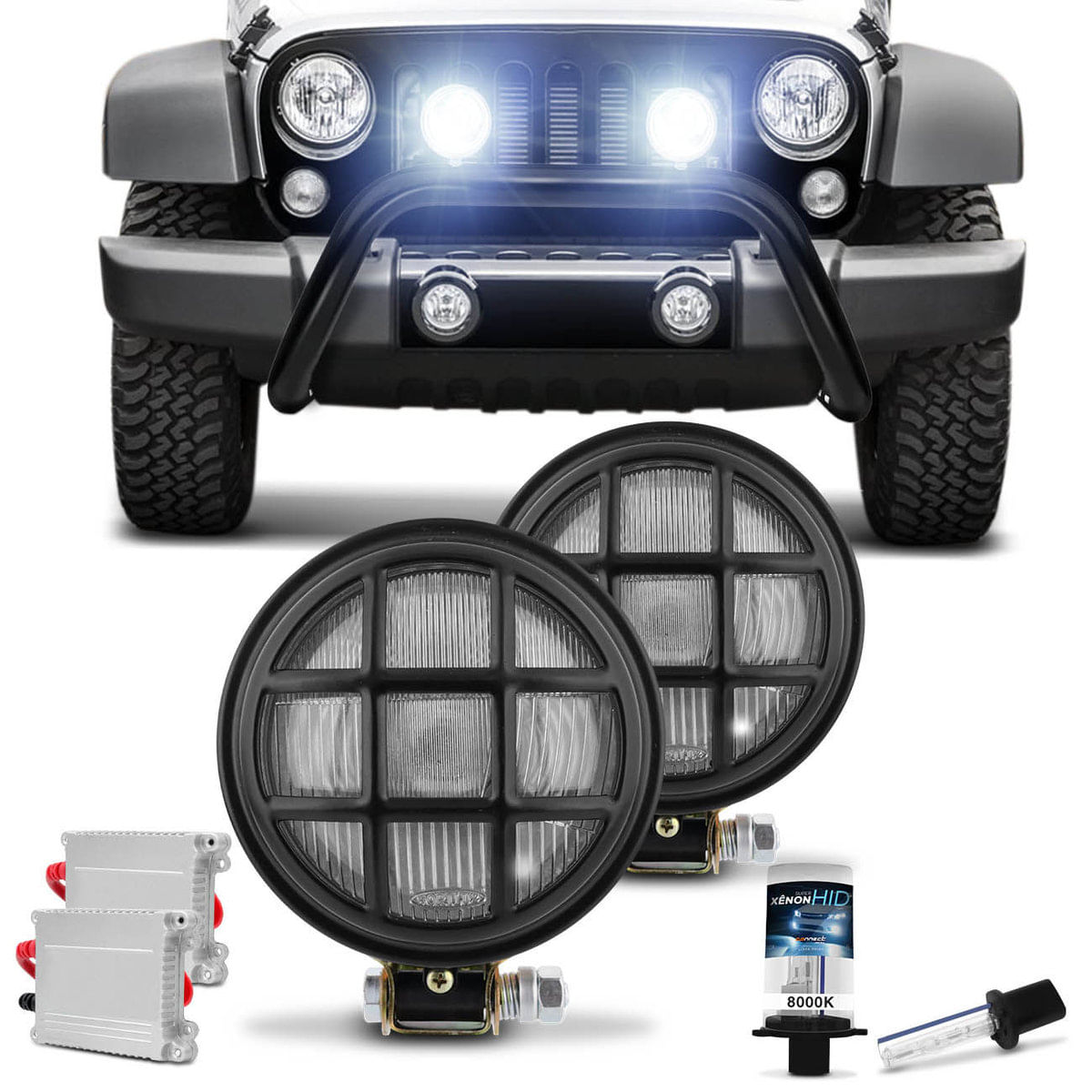 Par Farol Milha Redondo Off Road Preto Grade E Manejo Jeep Pick Up Universal + Xênon 8000K