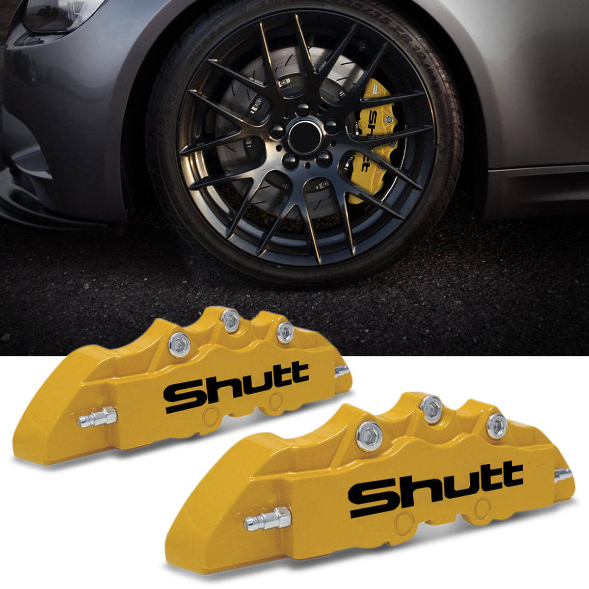 Capa Pinça De Freio Tuning Shutt Universal Amarela Detalhe Preto 2 Peças Aro 14 15 16 17 18