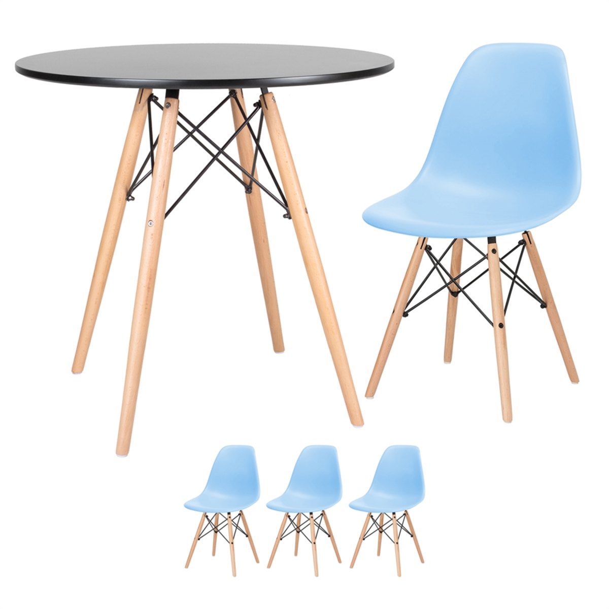 Kit - Mesa Eames 80 Cm Preto + 3 Cadeiras Eames Dsw - Azul Claro