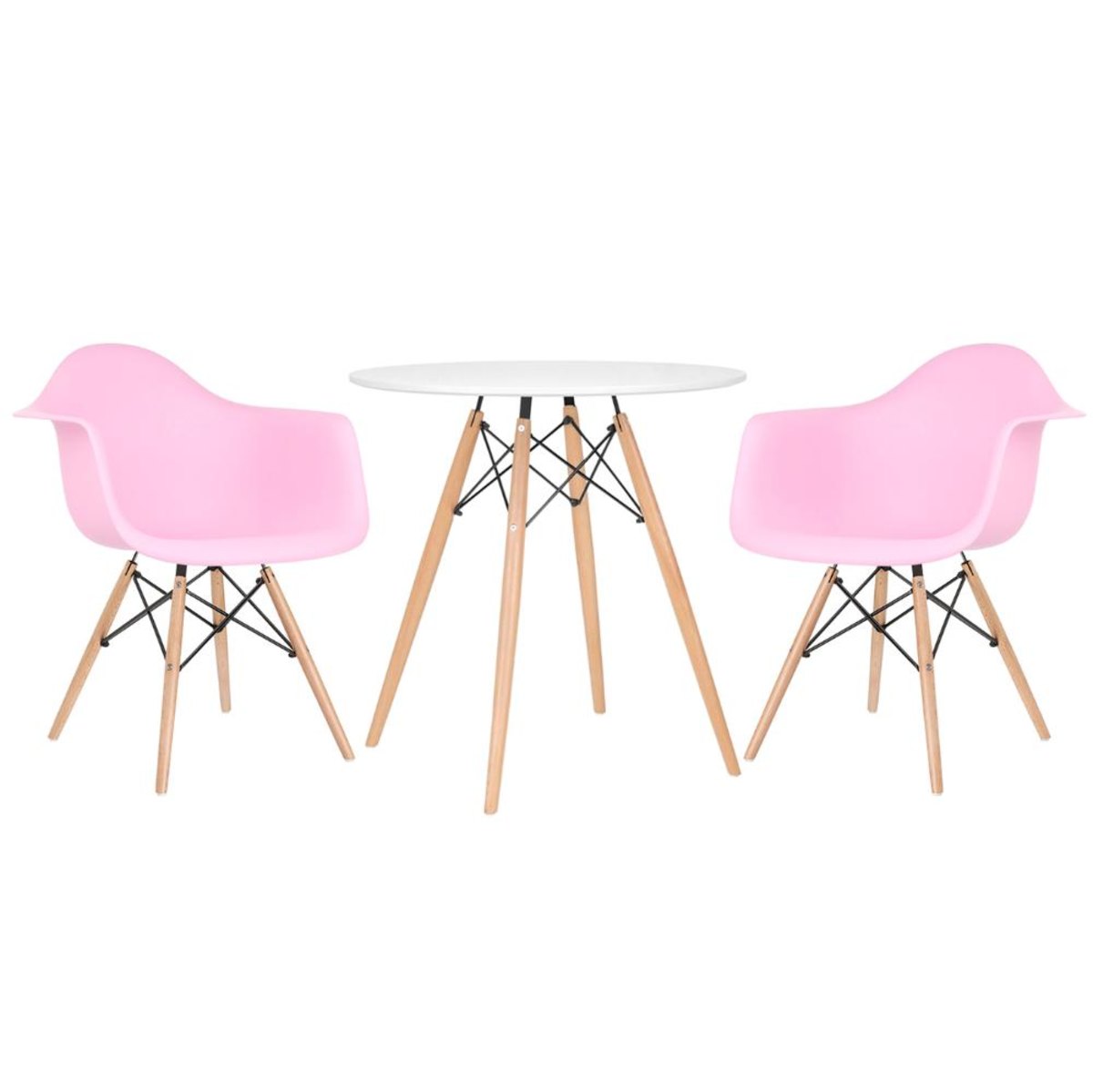 Mesa branco com cadeiras rosa