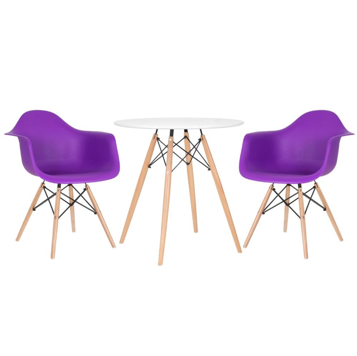 Mesa branco com cadeiras roxo