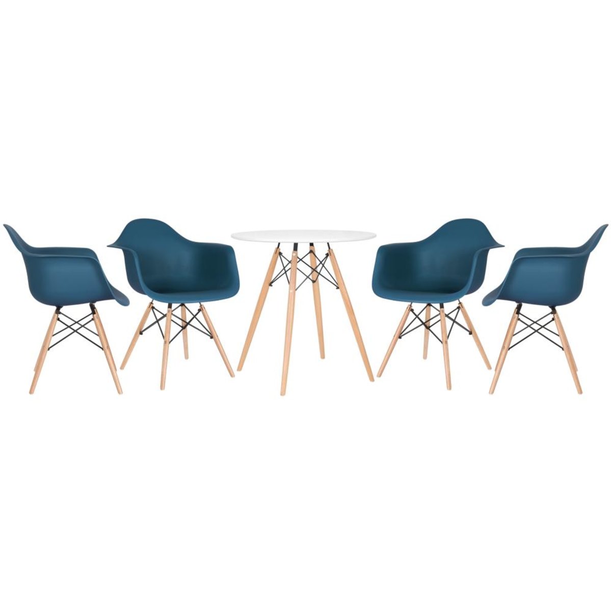 Mesa branco com cadeiras azul petróleo