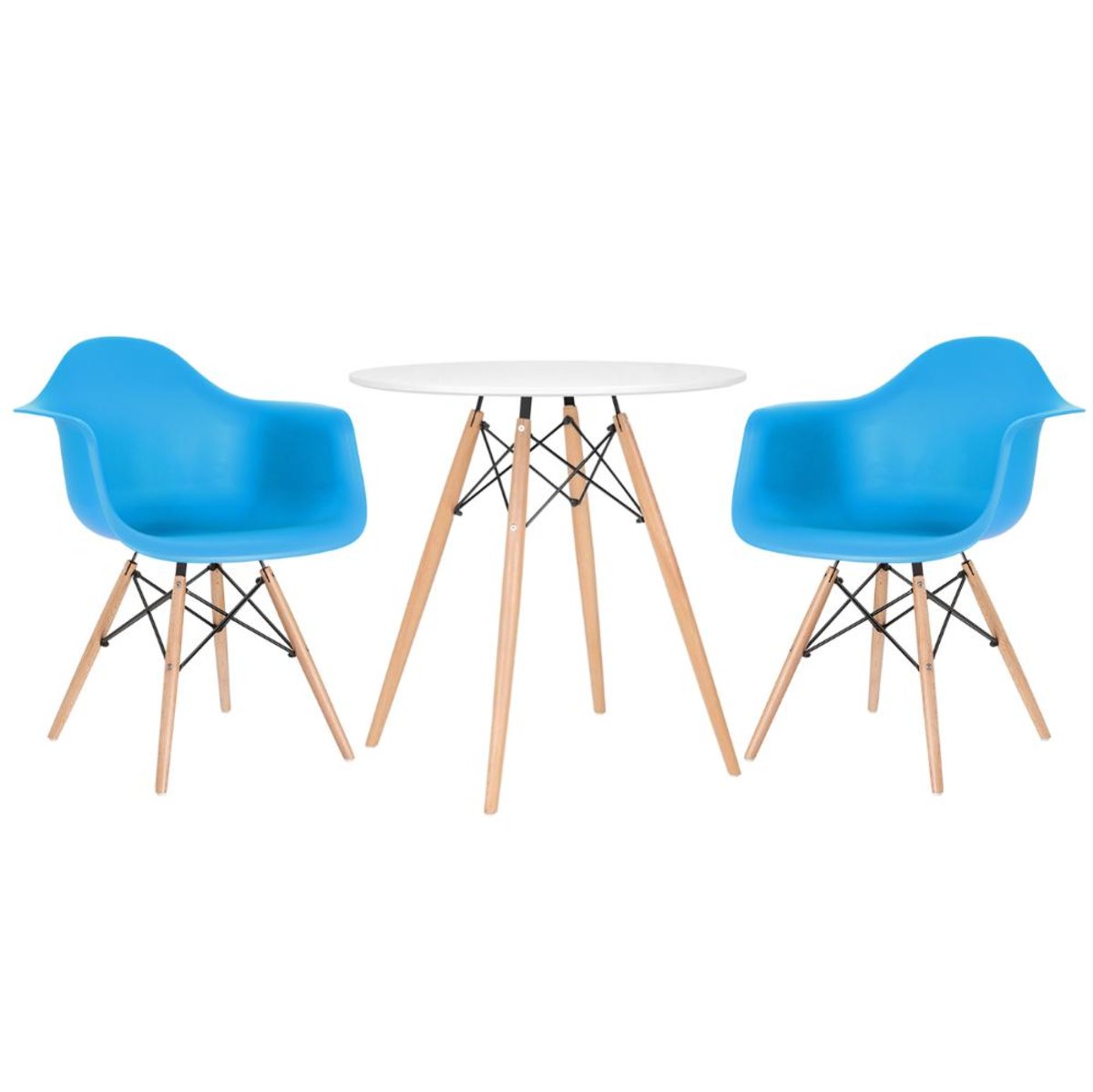 Mesa branco com cadeiras azul céu